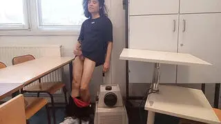 Cum at school, this horny student twink wanks his smooth cock and squirts jizz riskyly at school in a classroom